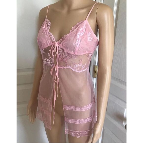 Victoria's Secret Sheer Pink Lace Cherry Blossom Open Top Mini Slip Dress Size M - Picture 2 of 10